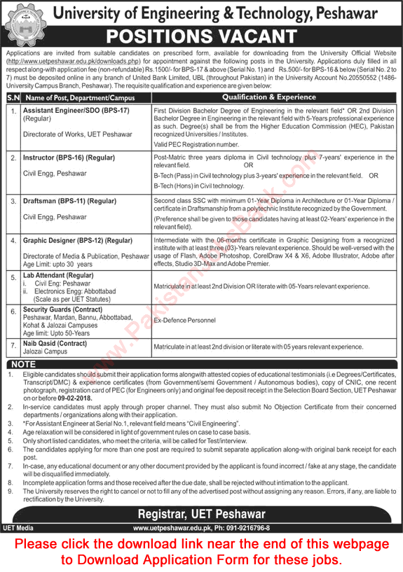 UET Peshawar Jobs 2018 January Application Form Lab Attendants, Draftsman, Security Guards & Others Latest