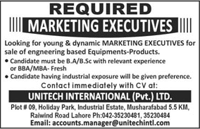 Marketing Executive Jobs in Lahore February 2018 at Unitech International Pvt Ltd Latest