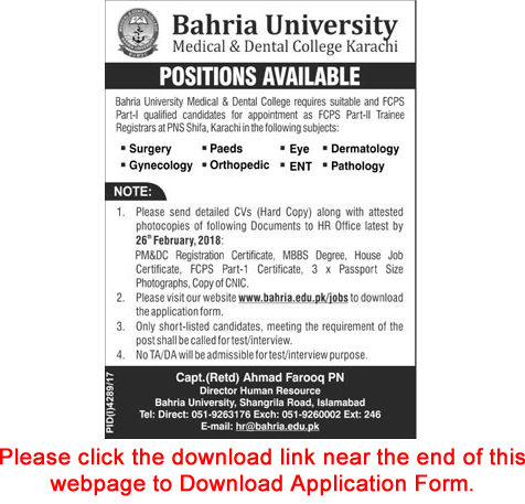 Trainee Registrar Jobs in Bahria University Karachi 2018 February Application Form at PNS Shifa Latest