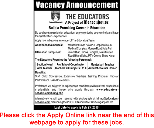 The Educators Schools Islamabad / Abbottabad Jobs 2018 February Apply Online Teachers & Others Latest