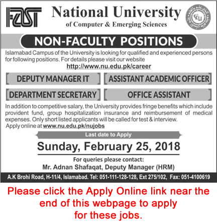 FAST National University Islamabad Jobs 2018 February Apply Online Office Assistant & Others Latest