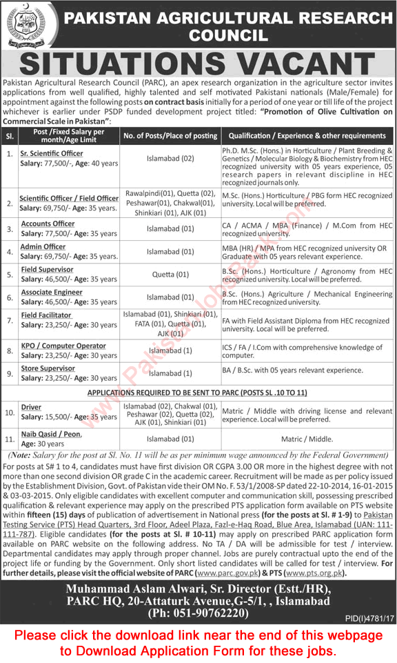 Pakistan Agricultural Research Council Jobs March 2018 PTS Application Form Download PARC Latest