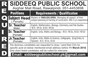 Siddeeq Public School Rawalpindi Jobs 2018 March Teachers & Subject Head Latest