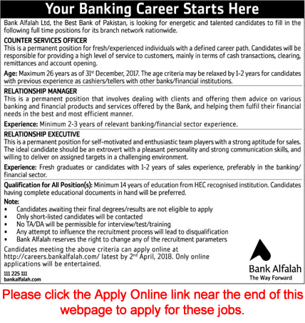 Bank Alfalah Jobs March 2018 Apply Online Relationship Executives / Managers & Counter Services Officers Latest