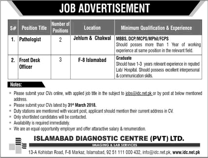 Islamabad Diagnostic Center Jobs March 2018 Front Desk Officers & Pathologists Latest