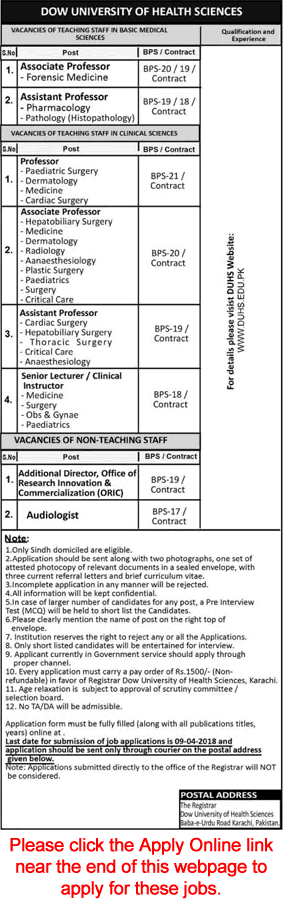 Dow University of Health Sciences Karachi Jobs 2018 March Apply Online Teaching Faculty & Others Latest