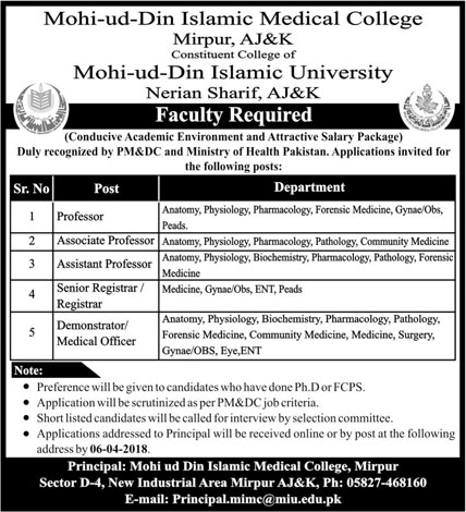 Mohi ud Din Islamic Medical College Mirpur Jobs 2018 March Teaching Faculty & Medical Officers Latest