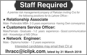 ICIL Pakistan Lahore Jobs 2018 March Customers Service Officer, Relationship Associate & Network Engineer Latest