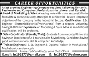 Engineering Company Jobs in Lahore & Karachi 2018 April Trainee Engineers & Others Latest