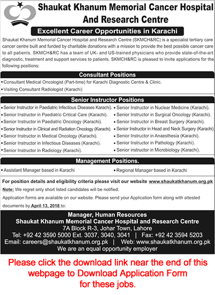 Shaukat Khanum Hospital Karachi Jobs April 2018 Application Form Instructors & Others Latest