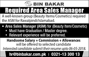 Area Sales Manager Jobs Islamabad / Rawalpindi April 2018 at Bin Bakar Latest