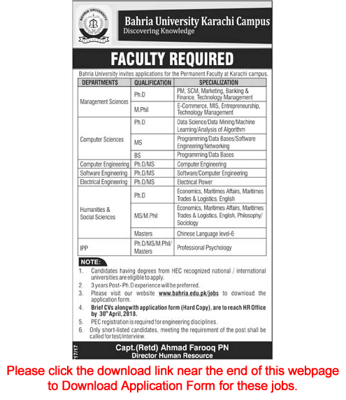 Bahria University Karachi Campus Jobs April 2018 Application Form Teaching Faculty Latest