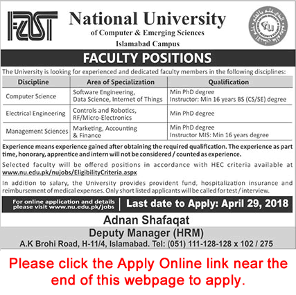 FAST National University Islamabad Jobs April 2018 Apply Online Teaching Faculty Latest