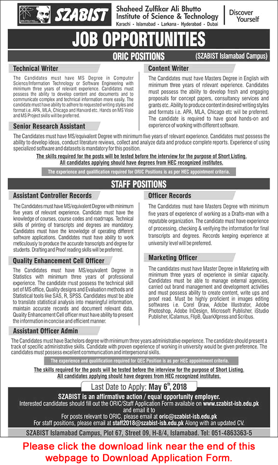 SZABIST Jobs April 2018 Islamabad Application Form Shaheed Zulfikar Ali Bhutto Institute of Science & Technology Latest