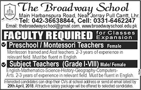 Teaching Jobs in Lahore April 2018 at The Broadway School Latest