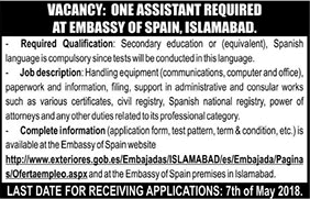 Assistant Jobs in Spain Embassy Islamabad 2018 April Application Form Download Latest