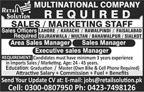 Sales & Marketing Jobs in Pakistan 2018 April / May Retail Solution Latest