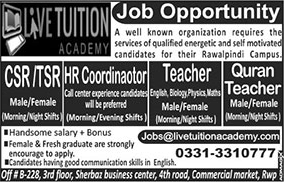 Live Tuition Academy Rawalpindi Jobs 2018 May CSR / TSR, Teachers & Others Latest