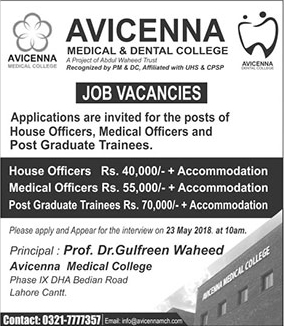 Avicenna Medical and Dental College Lahore Jobs 2018 May House / Medical Officers & Postgraduate Trainees Latest