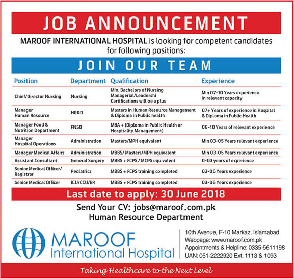 Maroof International Hospital Islamabad Jobs May 2018 Specialist Doctors / Consultants & Others Latest