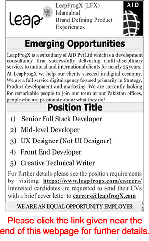 LeapFrog Islamabad Jobs 2018 May Software Developers, Creative Technical Writer & Others Latest