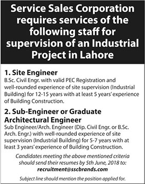 Service Sales Corporation Lahore Jobs 2018 May Site Engineers & Architectural Engineer Latest