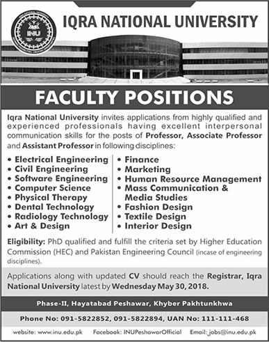 Iqra National University Peshawar Jobs May 2018 Teaching Faculty Latest