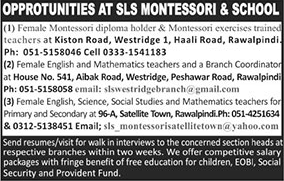 SLS Montessori Schools Rawalpindi Jobs May 2018 Female Teachers & Branch Coordinator Latest