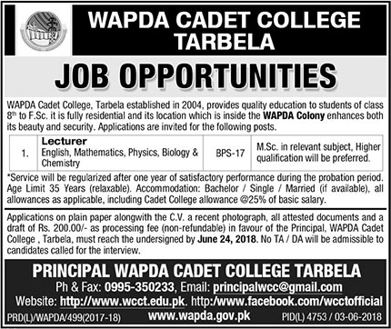 Lecturer Jobs in WAPDA Cadet College Tarbela 2018 June Water and Power Development Authority Latest
