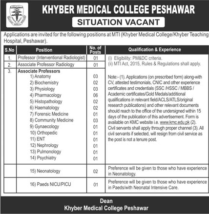 Khyber Medical College Peshawar Jobs June 2018 MTI Teaching Faculty Latest