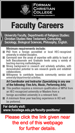 Forman Christian College Lahore Jobs June 2018 Teaching Faculty & Others Latest