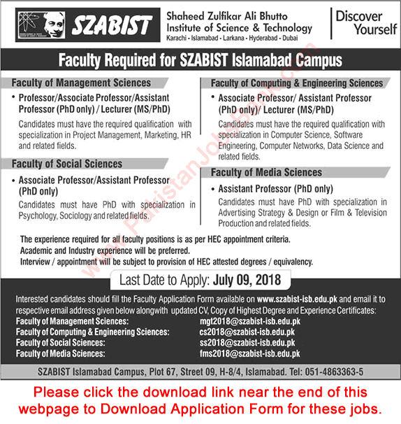 SZABIST Jobs June 2018 Islamabad Application Form Teaching Faculty Latest