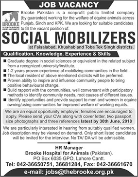 Social Mobilizer Jobs in Brooke Pakistan 2018 June Latest