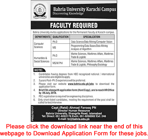 Bahria University Karachi Campus Jobs June 2018 Application Form Teaching Faculty Latest