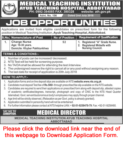 Charge Nurse Jobs in Ayub Teaching Hospital Abbottabad 2018 July MTI NTS Application Form Latest