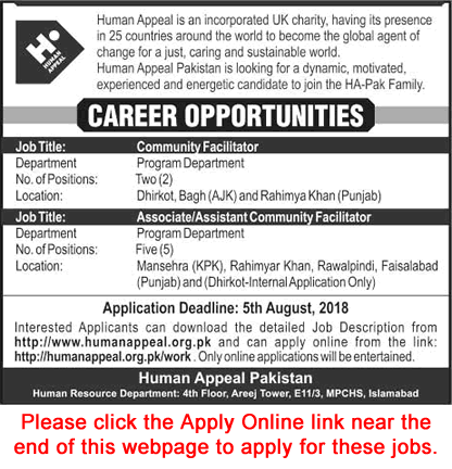 Human Appeal Pakistan Jobs 2018 July Apply Online for Community Facilitators NGO Latest