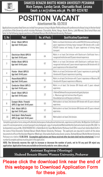Shaheed Benazir Bhutto Women University Peshawar Jobs July 2018 August Application Form Download Latest