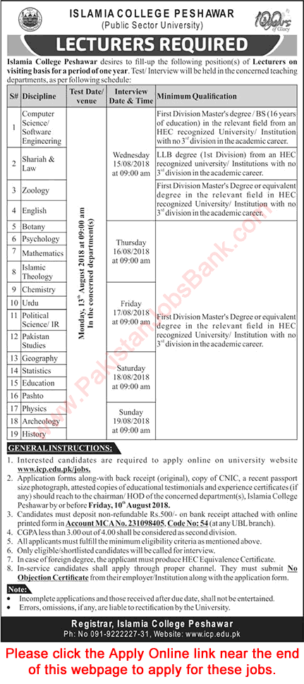 Lecturer Jobs in Islamia College Peshawar 2018 August Application Form ICP Teaching Faculty Latest