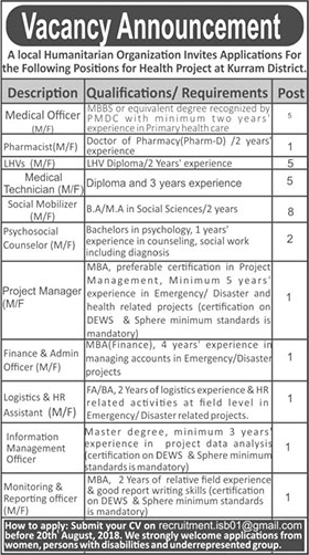 NGO Jobs in KPK August 2018 Kurram Social Mobilizers, Lady Health Visitors & Others Latest