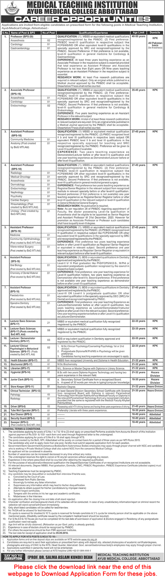 Ayub Teaching Hospital Abbottabad Jobs August 2018 NTS Application Form Teaching Faculty & Others MTI ATH Latest