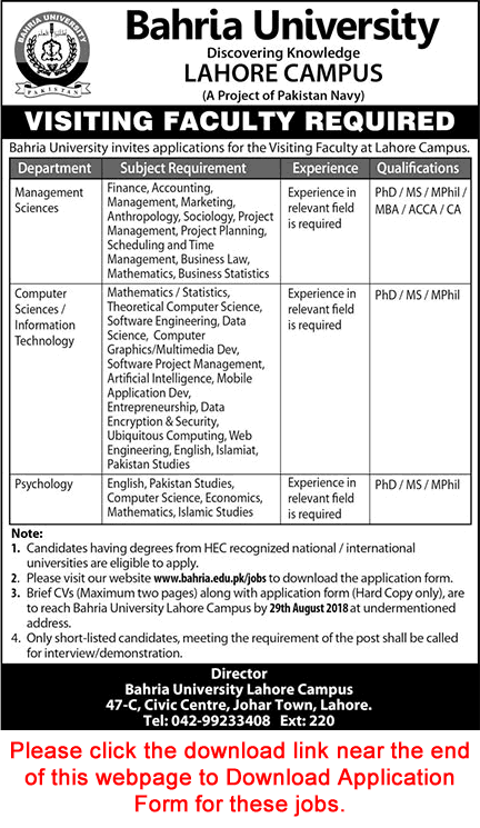 Bahria University Lahore Campus Jobs 2018 August Application Form Teaching Faculty Latest