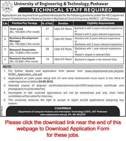 UET Peshawar Jobs September 2018 Application Form Research Assistants / Associates & Others Latest