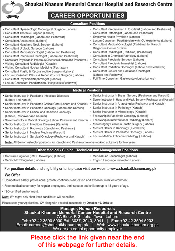 Shaukat Khanum Hospital Jobs October 2018 Medical Officers, Consultants, Instructors & Others Latest