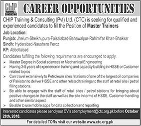 Master Trainer Jobs in Chip Training and Consulting Pakistan October 2018 CTC HSSE Latest