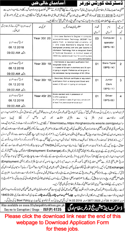 District and Session Court Torghar Jobs 2018 October / November Application Form Computer Operators & Others Latest