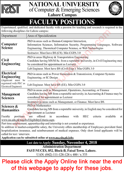 FAST National University Lahore Jobs October 2018 November Apply Online Teaching Faculty Latest