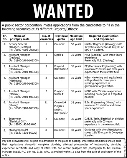 PO Box 2158 GPO Islamabad Jobs November 2018 December Assistant Managers & Others Latest