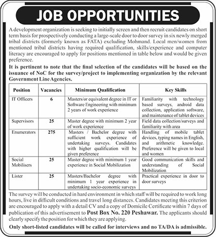 PO Box 220 Peshawar Jobs December 2018 FATA KPK Enumerators, Social Mobilizers & Others Latest