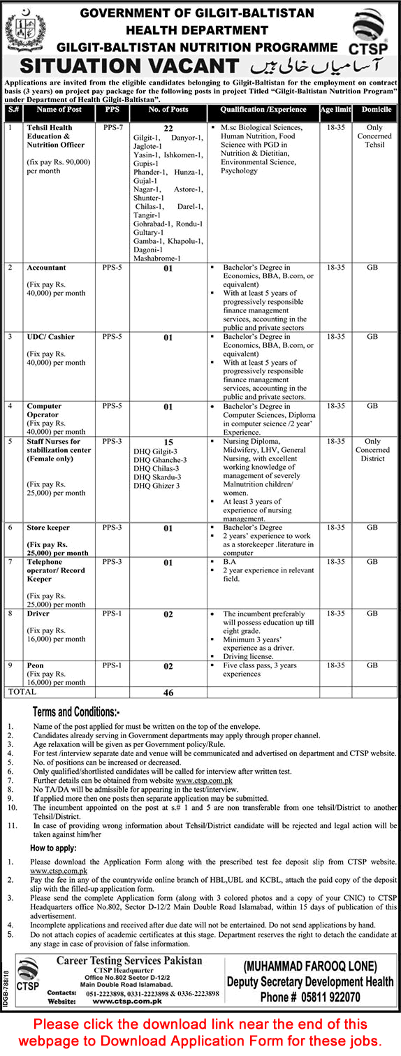 Health Department Gilgit Baltistan Jobs December 2018 CTSP Application Form Latest