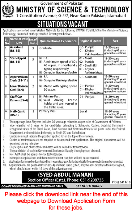 Ministry of Science and Technology Islamabad Jobs 2019 OTS Application Form Download Latest